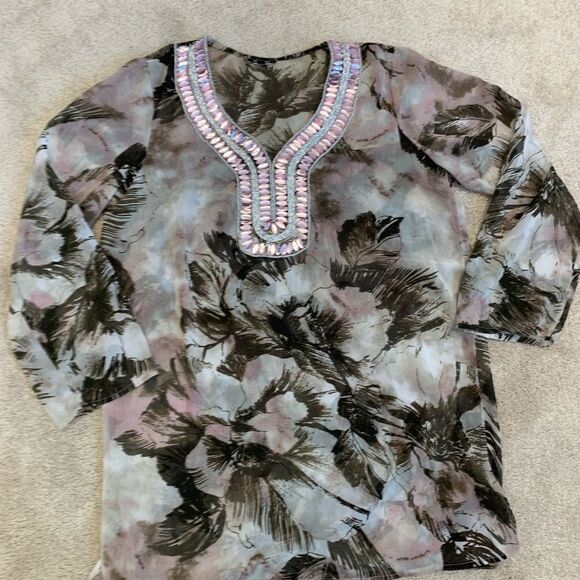 Premise brown pink sheer chiffon gem jewelled beach coverup blouse top Sz L 🔥 - Picture 5 of 9